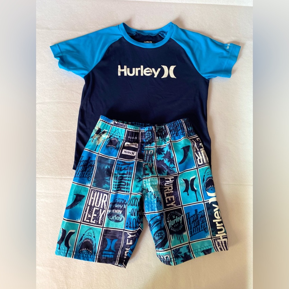 🛑SOLD🛑SOLD🛑Hurley Navy and Aqua Graphic Tee and Shorts 2 piece Swim Set, Size 7 - Picture 3 of 6